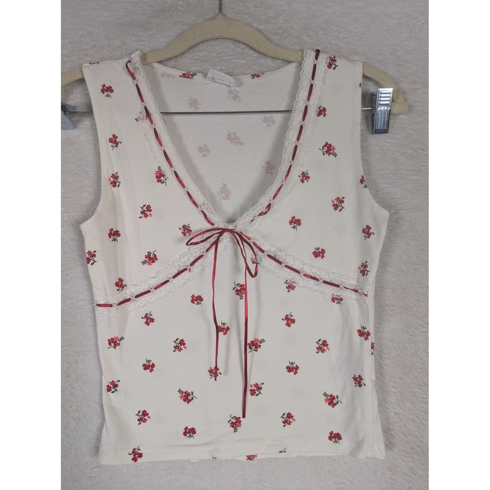 Cotton On Tank Top Women's S White Red Floral Lace Trim Ribbon Bow V-Neck